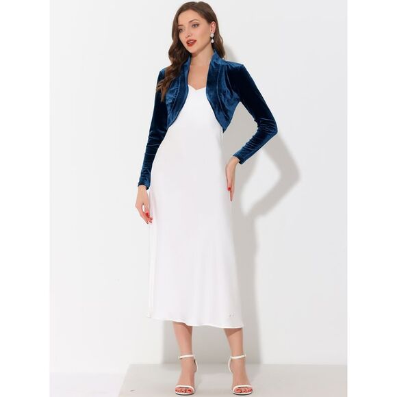 Long Sleeve Velvet Shrug Open Front Cropped Bolero Cardigan Top Dark Blue - Picture 3 of 5